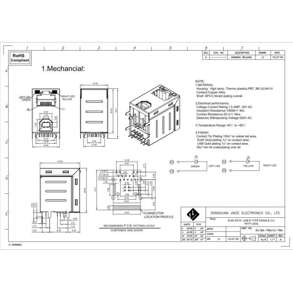 Mini DIP 2.0 Stacked USB Connectors TYPE B RJ45 PCB With Leds Female