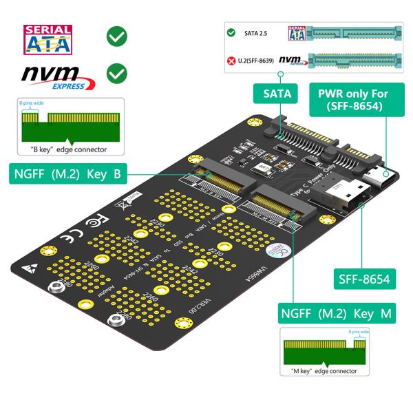 M.2 NGFF NVMe SSD SATA Bus SSD To SFF 8654 And SATA Adapter Card