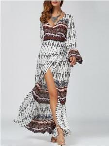 China Ethnic Print High Slit Bell Sleeve Wrap Dress Bohemian beach long woman dress wholesale