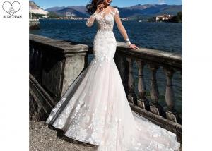 Unique White Long Sleeve Lace Bridal Gowns Perspective Waist Back Long Fishtail