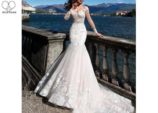 Quality Unique White Long Sleeve Lace Bridal Gowns Perspective Waist Back Long Fishtail for sale