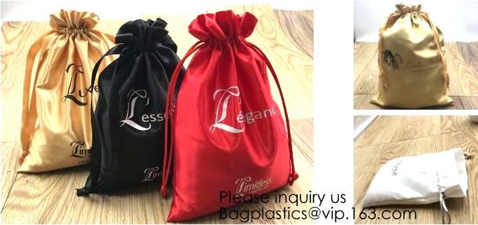 Customized Satin Hair Bag,Small Recyclable Gift Bag,Double Satin Drawstring Bag,Luxury Shinny Cream Satin Pouch With Rib