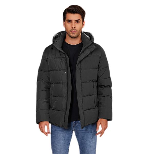 Quality Mid Short Length Hooded Men'S Jacket For Autumn Winter Classic Double Pockets Color Clash Style for sale