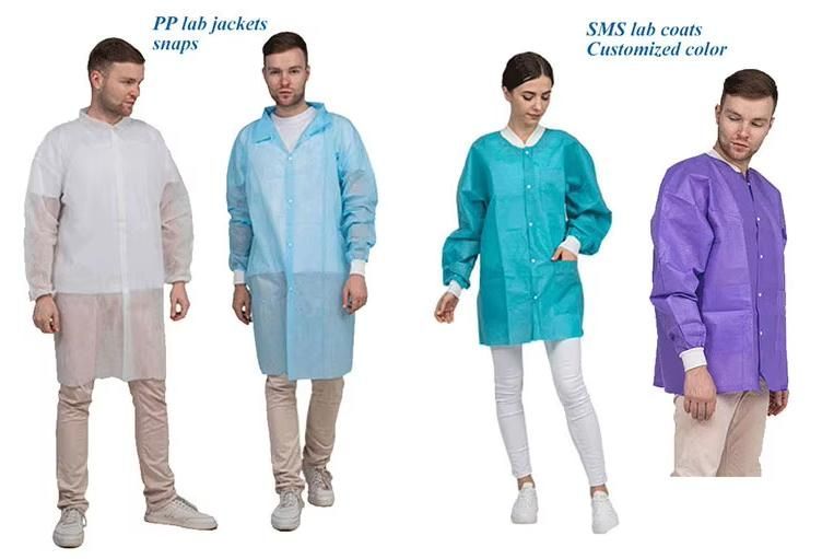 OEM/ODM Wholesale Microporous/PP/SMS Disposable Lab Coat with Snaps Buttons