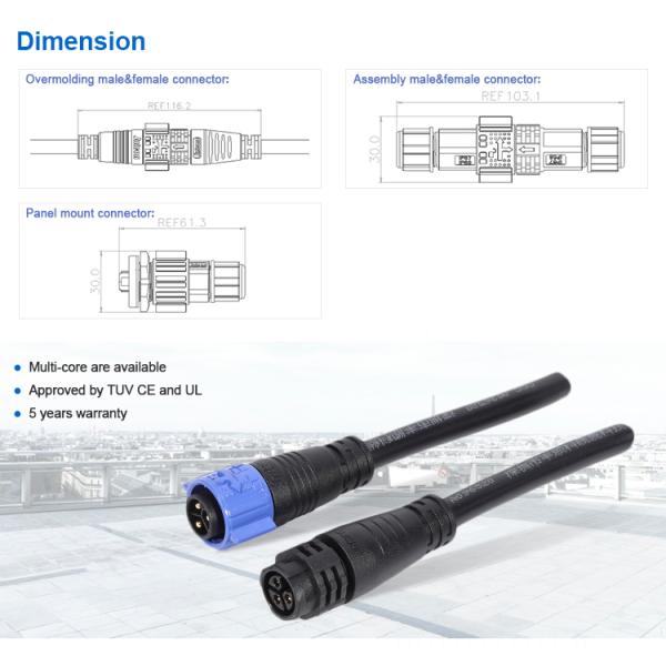 Cable To Cable IP67 Cable Connector 20A / 300V With Multi Pin Male Female Plug
