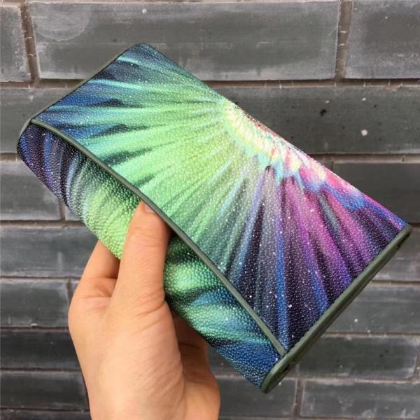 Thailand Authentic Stingray Skin Female Large Wallet Genuine Leather Lady Green Clutch Purse Women's Card Holders