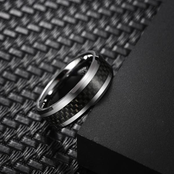Round Rotatable Polish Black Silver Simple Men Rings Stainless Steel And Carbon Fiber Rings
