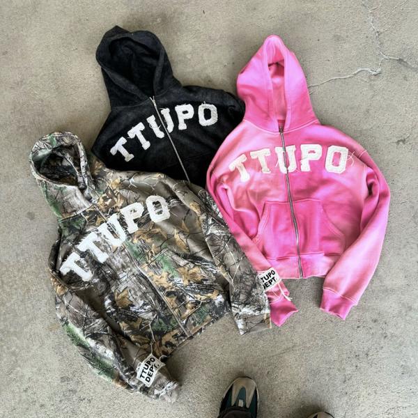 Quality Men's Custom Zip Up Hoodie in Vintage Style with Camo Distressed Embroidery for sale