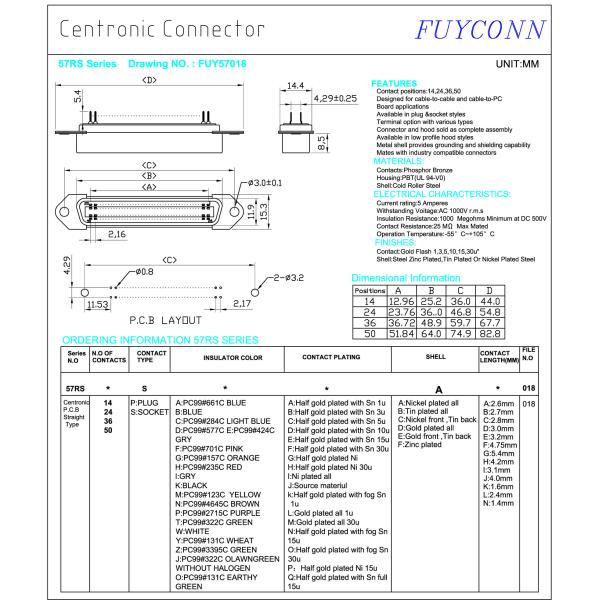 Receptacle Centronics 50 Pin Connector , Straight Angle Female PCB Connector