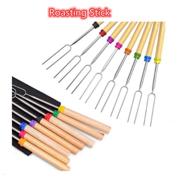 Sausages 31cm BBQ Roasting Sticks Wooden Handle Telescopic Marshmallow Fork