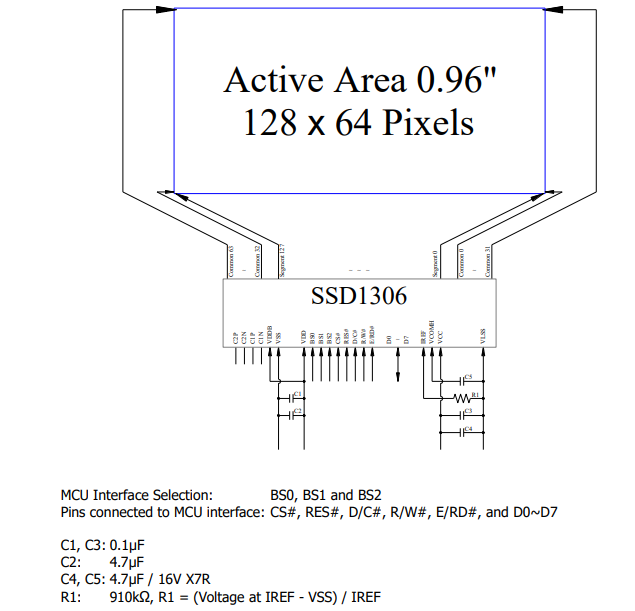White Blue 0.96in Mono OLED Display 30Pin PMOLED Screen SSD1306 SPI I2C Interface 5