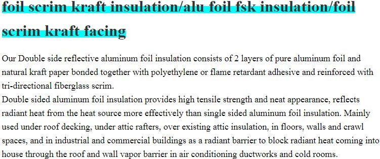 Foil crim kraft insulation,Alu foil FSK insulation, FOIL scrim kraft facing, reflective aluminium foil insulation,bonded