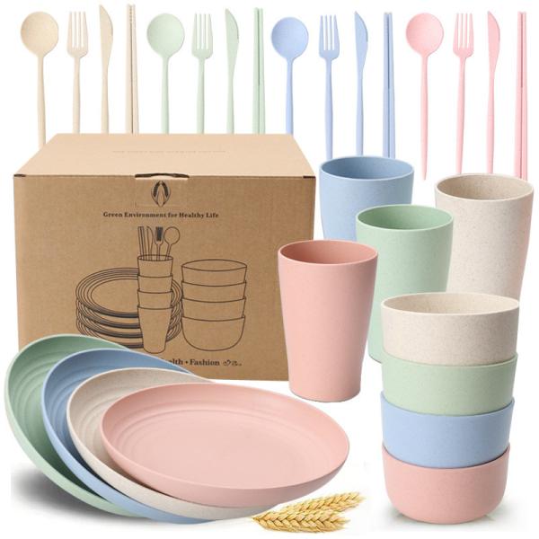Quality 28pcs Household Kitchen Flatware Sets ODM Wheat Straw Tableware Set for sale