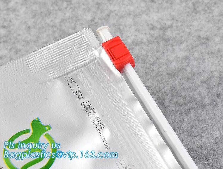 quad seal bottom and bottom load metallized film slider zipper packaging bag, Metal Zipper Printing PVC Slider Bags