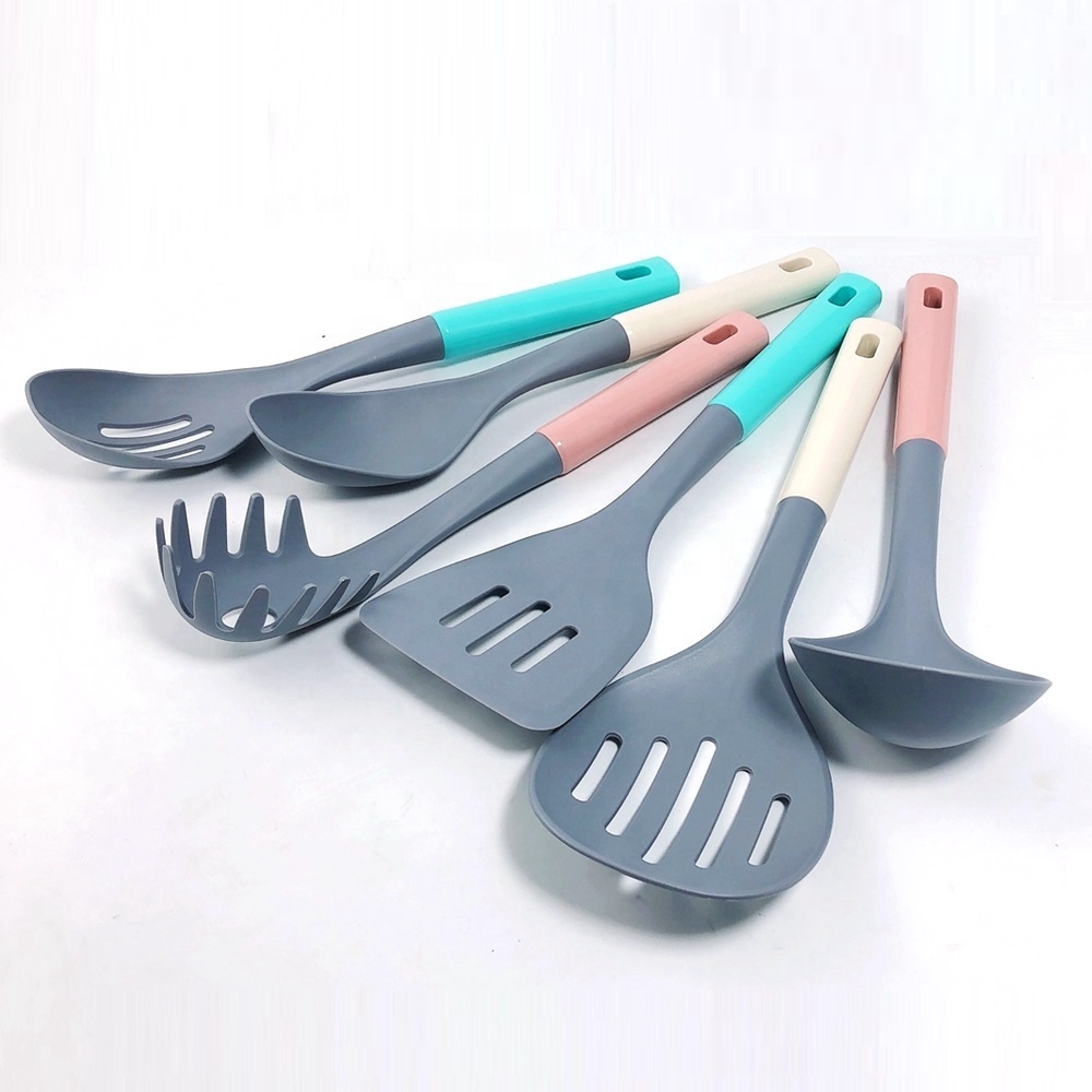 7-Piece Plastic Kitchen Utensils Set with Colorful Handle ABS and Wooden Effect Material