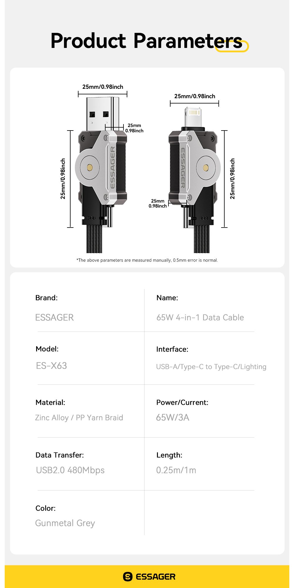 ESSAGER ES-X63 Series 4 in 1 QC PD USB A/C to USB C/L Charging Data Cable