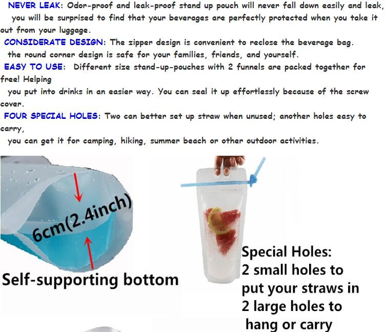 biodegradable eco-friendly FDA clear juice sealed drink pouches translucent reclosable hand held zipper plastic drinking