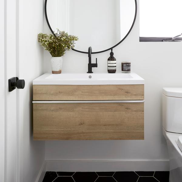 Single Sink Wood Grain Bathroom Vanity Wall Mounted Surface Handless Cabinet Light