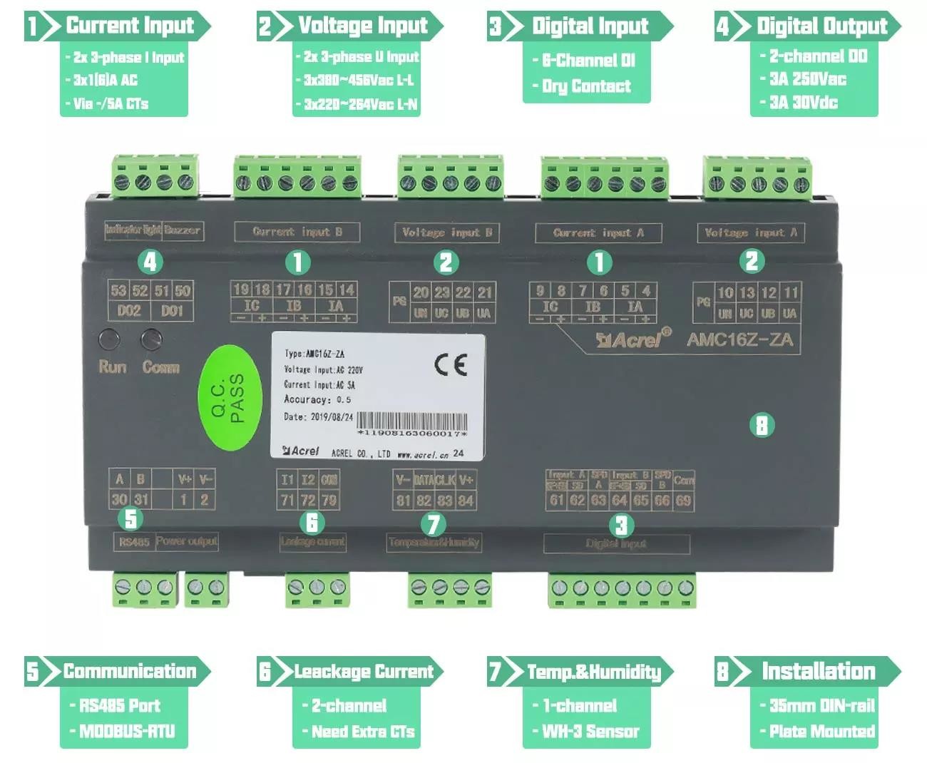 Acrel AMC16Z-ZA Dual-circuit Data Center Energy Meter AC Incoming Circuits 6way Switch State Monitoring