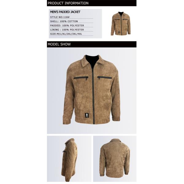 Mens Brown Corduroy Jacket Keep Warm Anti Microbial 85% Polyester Shell