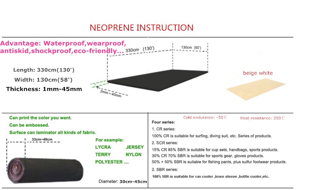 Plain Polyester White Neoprene Fabric Sheet Waterproof 135*330cm Size