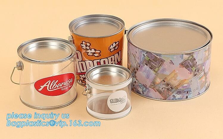clear PVC PET can for food canning,Customized round clear paint can with tin lid,paint can with tin top & bottom and han