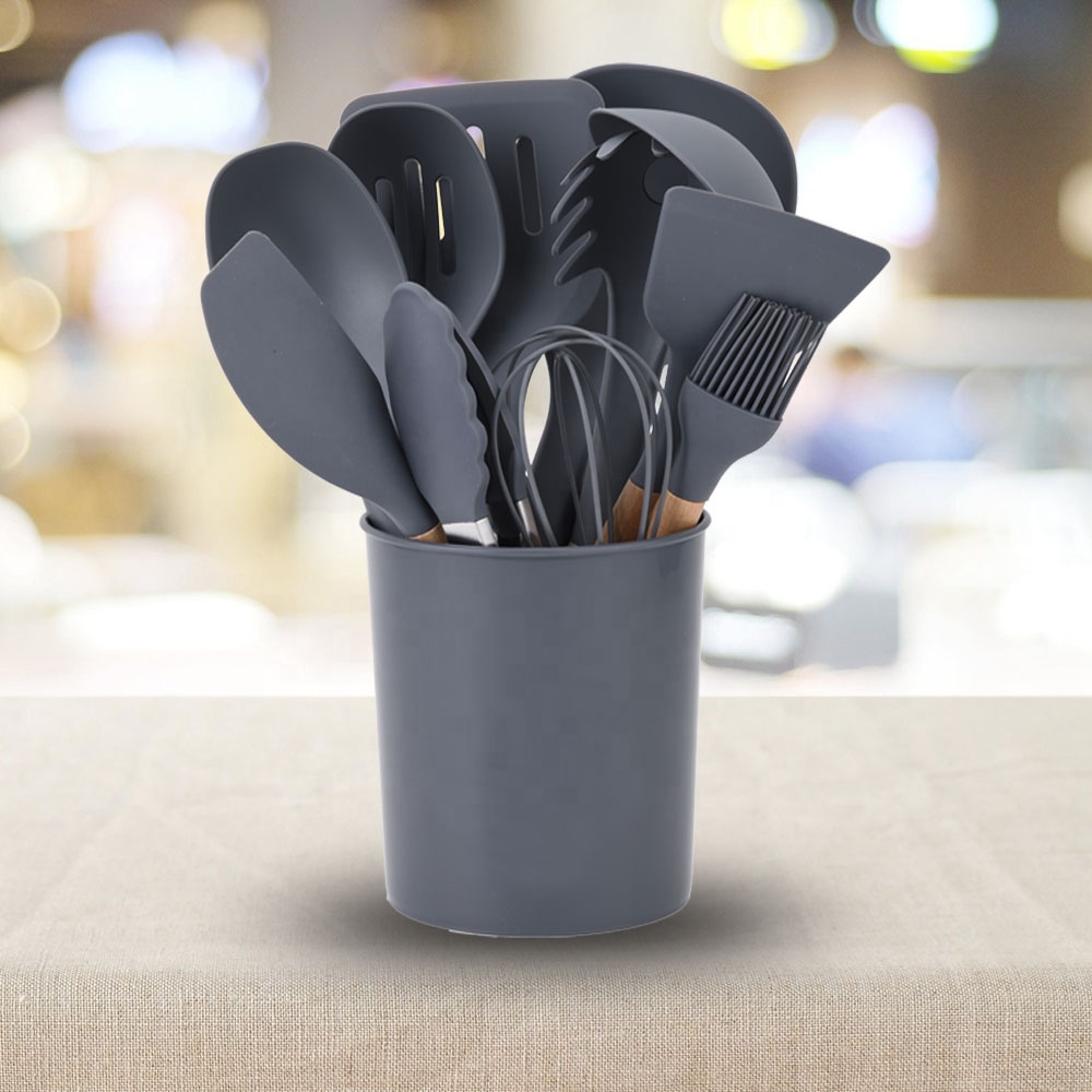 Silk Printing or Debossed Logo 12PCS Silicone Kitchen Utensils Set with Plastic Holder