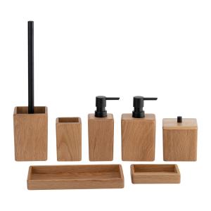 China Wood Bathroom Accessories Set Square And Rectangular Shape With Black Pump Head Soap Dish Soap Dispenser Tumbler wholesale