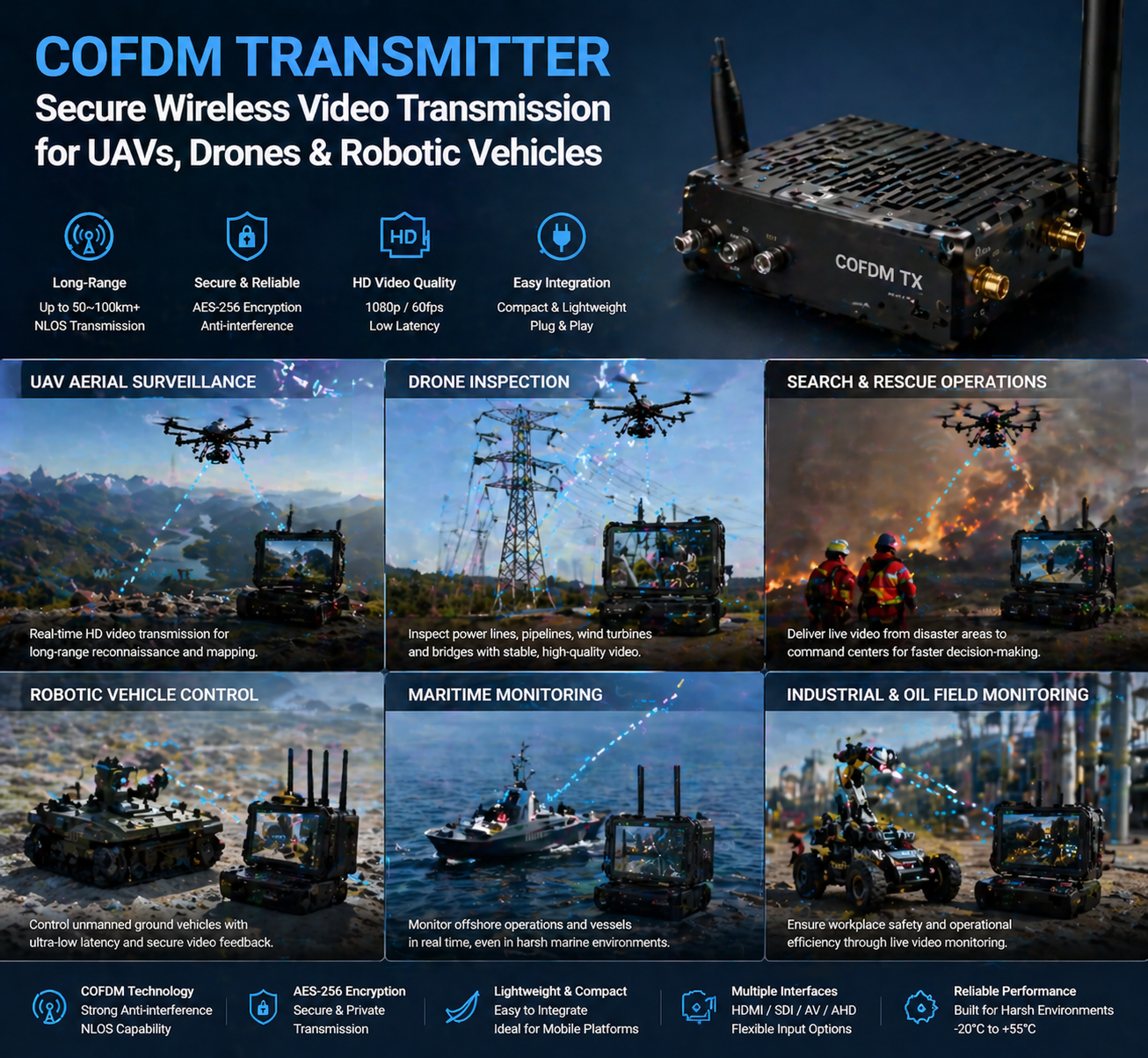 COFDM Transmitter Secure Wireless Video Transmission for UAVs, Drones & Robotic Vehicles