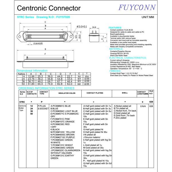 57 CN Series 50Pin Centronic Solder Connector male type 2.16mm pitch champ connector