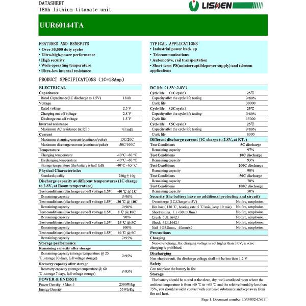 2.5V 18AH Lithium Titanate Battery Deep Cycle LTO Prismatic Cells