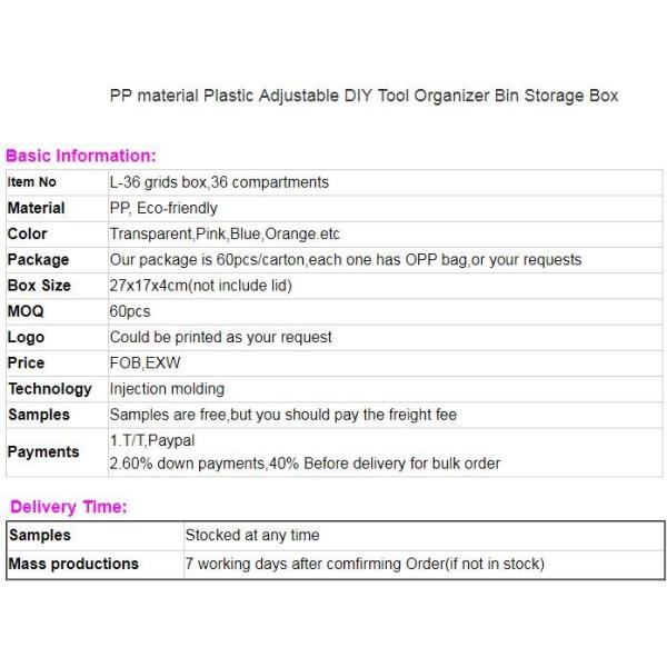Parts Stocker Organizer PP Plastic Storage Box, pp EVA plastic adjustable plastic storage box, PLASTIC MESS ARTICLE TABL