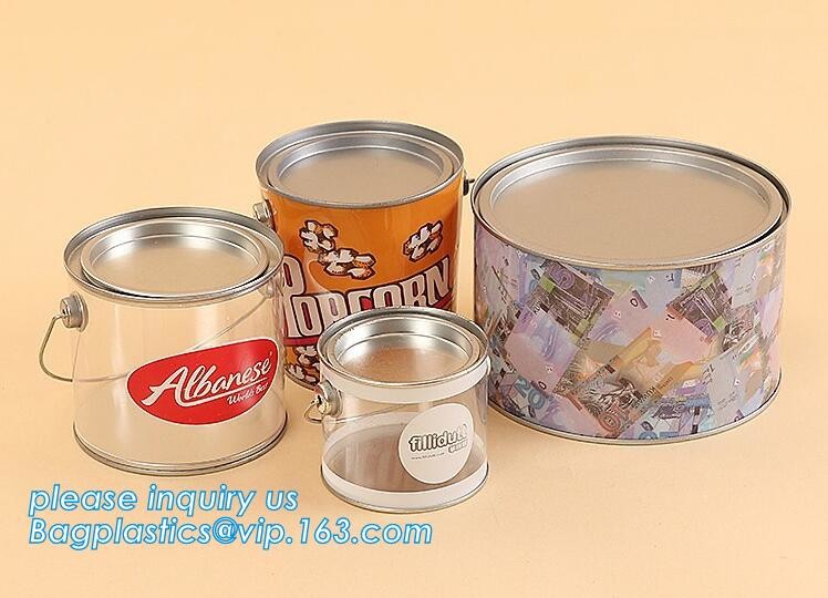 clear PVC PET can for food canning,Customized round clear paint can with tin lid,paint can with tin top & bottom and han