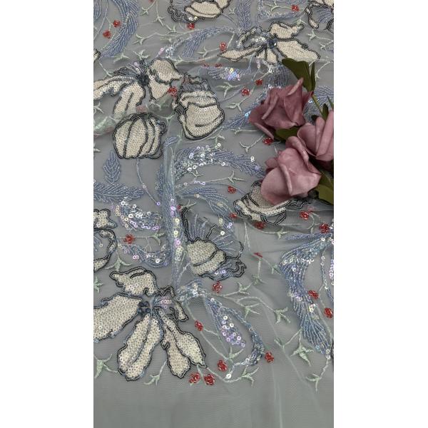 Mesh Ground Leafy Sequins Lace Fabric for Elegant Breathe Dinner Gowns Shining Fabric