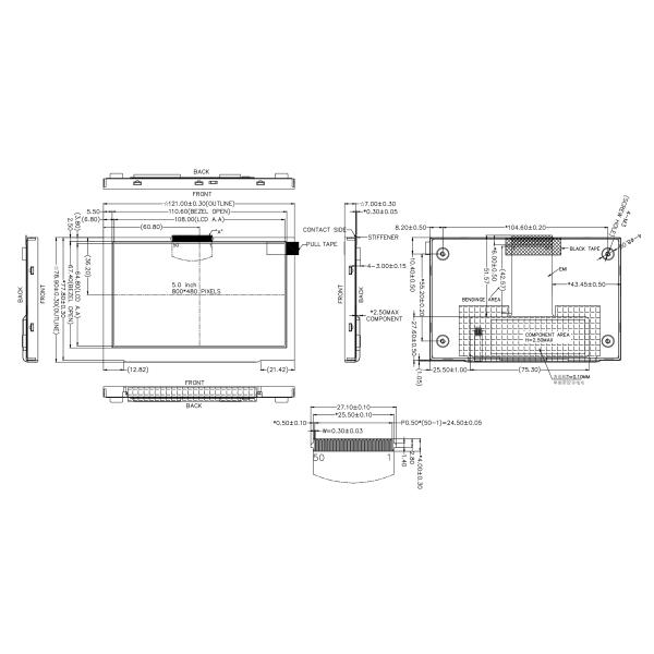 1000nits High Brightness LCD TFT Display 5 Inch 800x480 IPS Display Module