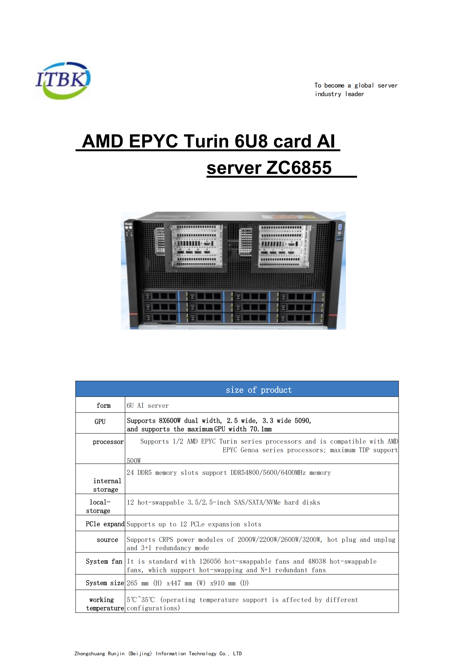 ZC6855 6U Rack Server for AI HPC with 8X600W GPU Support
