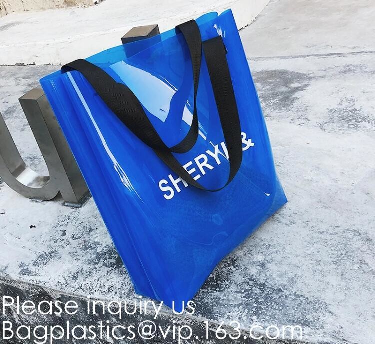 Transparent PVC Blanket Bag/Plastic Shopping Bag/Packaging Bag With Black Woven Trim And Webbing Handle, bagease, packag