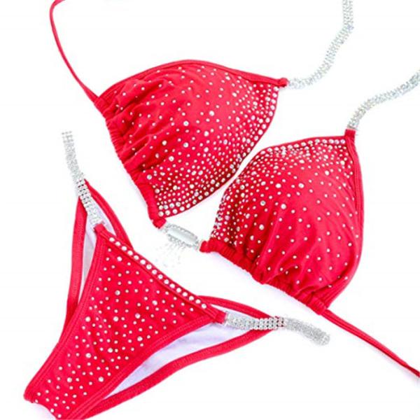 Quality Rhinestone Red NPC Bikini Competition Suits Handmade Design With Crystals for sale