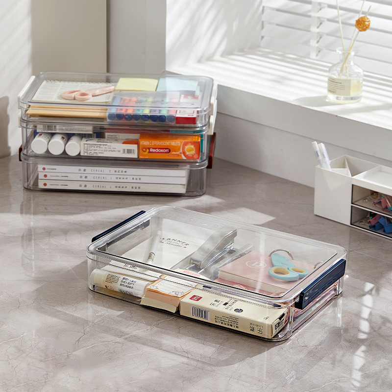 Clear A4 Document Storage Box with Wine Red Snap Tight Lid PET Files Documents Magazines Notebooks Box Organizer Holder Desk