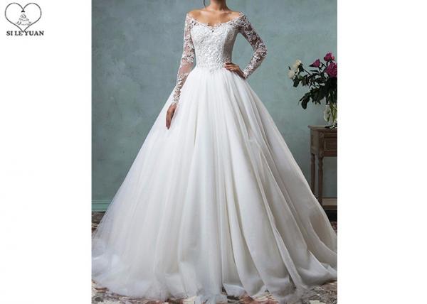Quality Fashion Long Sleeve Lace Wedding Dress Off Shoulder Backless Organza Sweep Train for sale