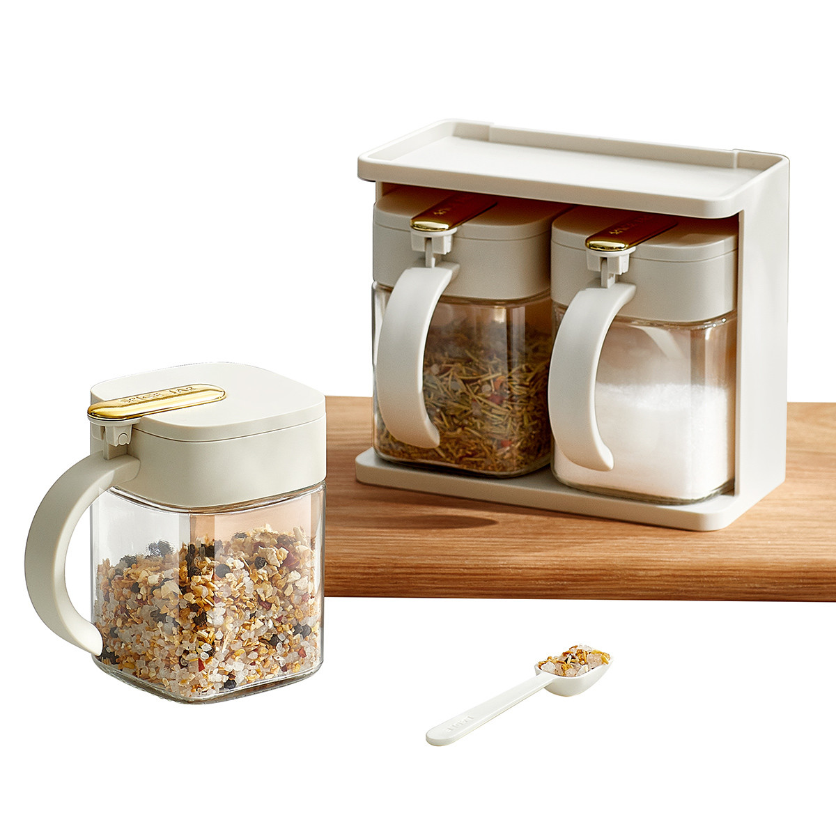 Durable 2 Grids Clear Condiments Glass Container Pots Set With Handle And Spoon