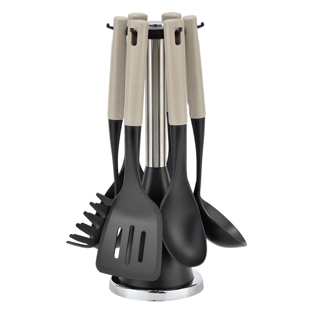 7-Piece Plastic Kitchen Utensils Set with Colorful Handle ABS and Wooden Effect Material