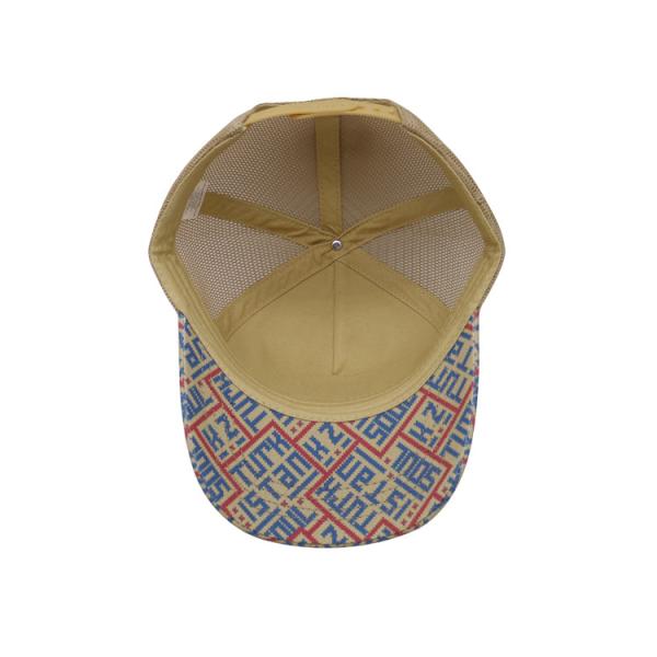 Printed Patch 5 Panel Trucker Cap Light Yellow Polyester And Mesh