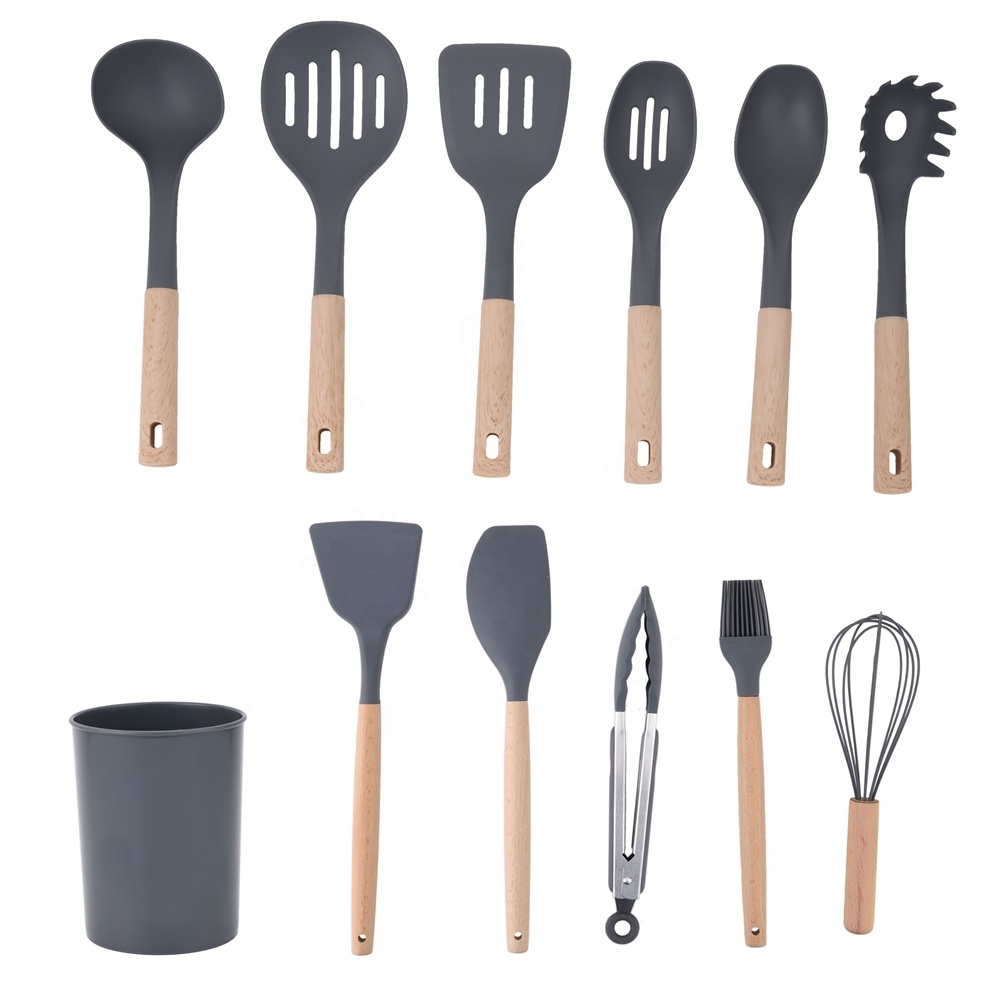 Silk Printing or Debossed Logo 12PCS Silicone Kitchen Utensils Set with Plastic Holder
