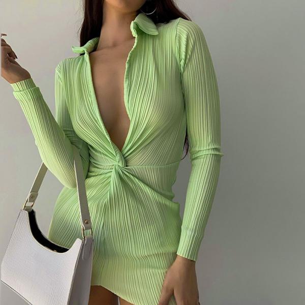 Quality Green Sexy Long Sleeve Mini Dress High Waist V Neck for sale