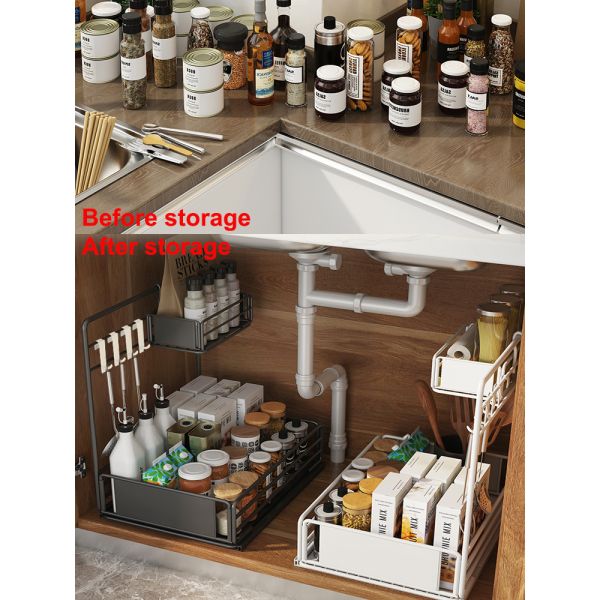 New C Metal Double-layer Home Multifunctional Storage Organizer Bathroom Storage Rack Drawdown Rack for Sink Cabinet