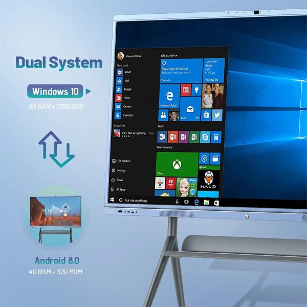 Smart 55 Inch Interactive Whiteboard I5 4+128G 20 Point IR Touch Dual System 4K UHD 1200mp Camera