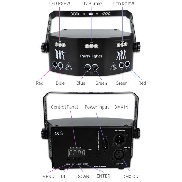 15 Eyes RGB Party Lights Stage Light by DMX512 Control Sound Activated LED Pattern Strobe Lights for Parties Club Bar Di