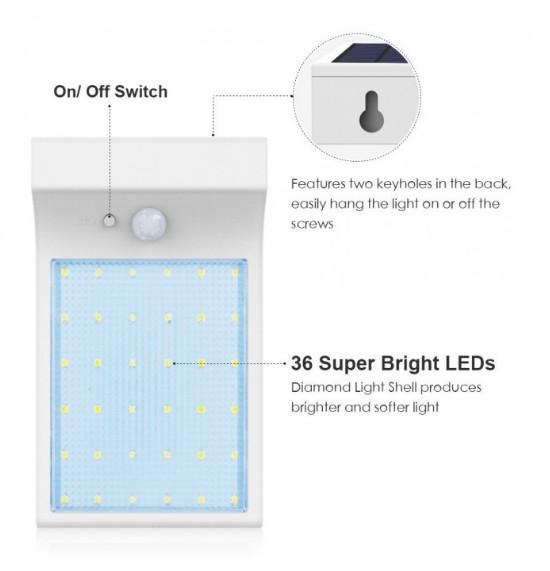 Quality 450LM 36 Leds Solar Powered Outdoor Wireless Waterproof Security ligh with motion sensor garden light for sale