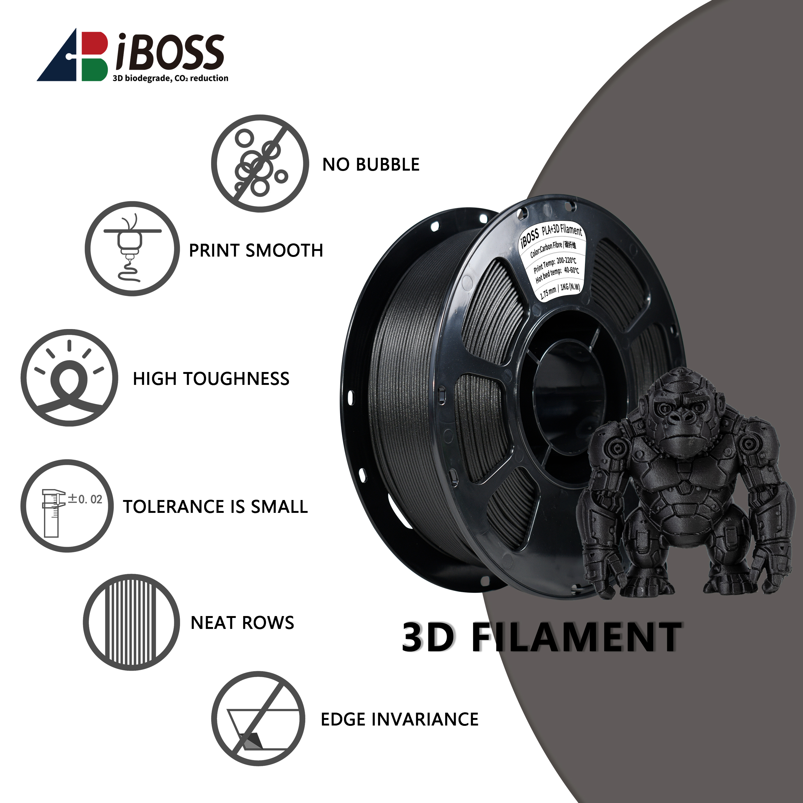 IBOSS Strong Durable PLA+ Carbon Fiber 3d Printer Filament 1.75mm Black Filament